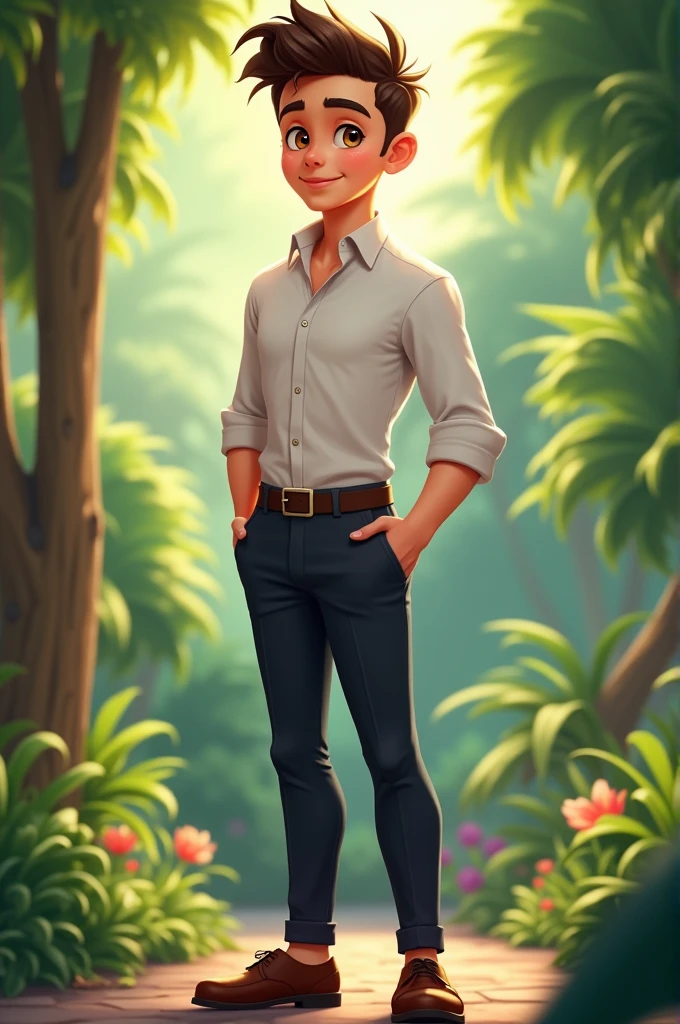 Handsome boy and good looking boy with good haircut with cute face charming boy light beard format pent and shirt with formal shoes looking forward with full confidence solid body with 6 ft height white skin tone standing at garden