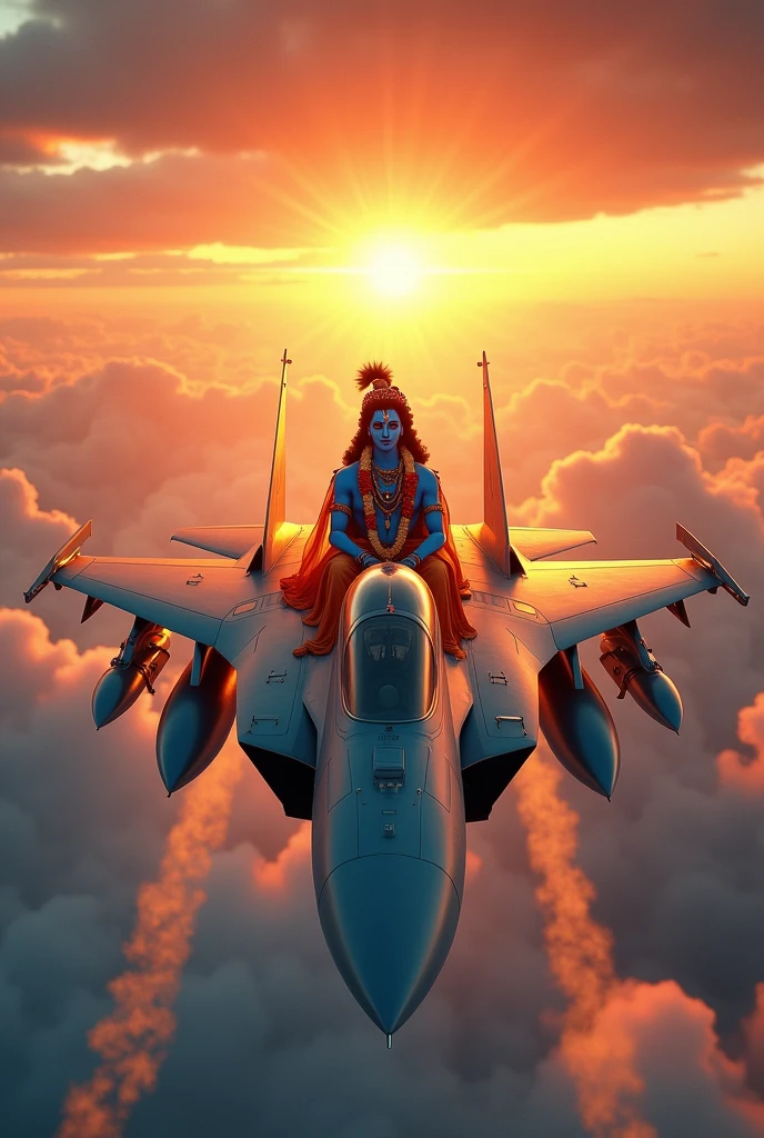 Lord krishna driving army jet in the sky sunset