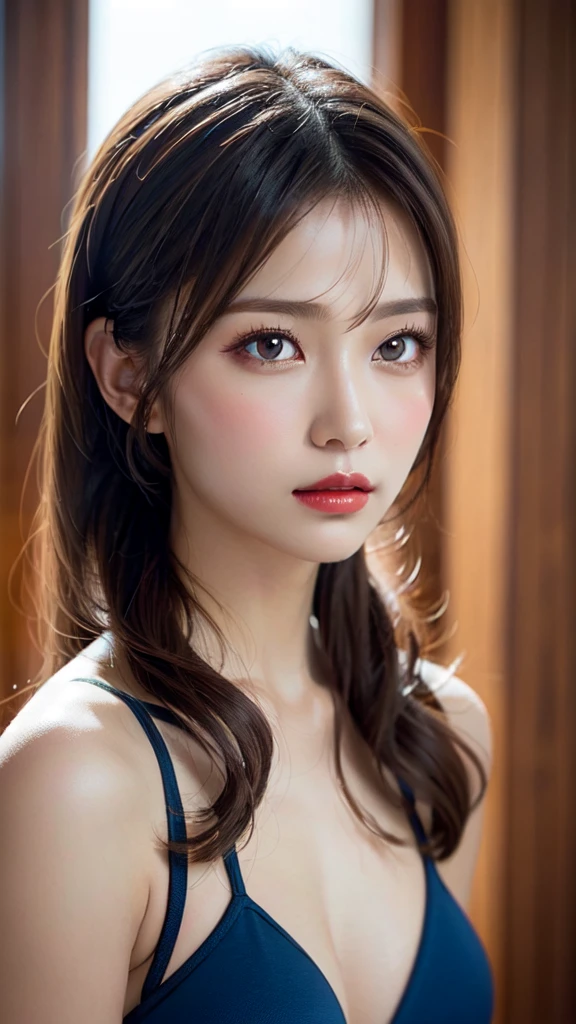 artistic woman, glossy skin, soft red lips, cinematic style, disheveled hair, light streaks, hair covering forehead, extremely natural hair, highly detailed girl's face, realistic lighting and shadows, large eyes, extremely realistic face, masterpiece, blue sky background, blushed cheeks, chestnut ponytail, perfect makeup, gazing at the audience, wearing blue bikini, 8K ultra high quality, realistic painting, realistic depiction, double eyelids, realistic fabric texture in clothing, deep dark eyes, graceful facial features, blue sky background, cinematic style, extremely realistic skin, artwork, gazing at the audience, chestnut ponytail, masterpiece, perfect skin