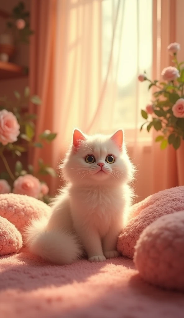 , beautifulふわふわの猫, bid, Idyllic, Magical Scene, beautiful部屋 , (Highest quality, 4K, 8k, High resolution, masterpiece:1.2), Super detailed, (Realist, photoRealist, photo-Realist:1.37), Warm lighting, Vibrant colors, Soft Focus, fairy tale, Dreamer, comfortable, Adorable, beautiful, Whimsical, Fancy, Charm, Sereno, peaceful, Innocent, encouragement, Imaginative