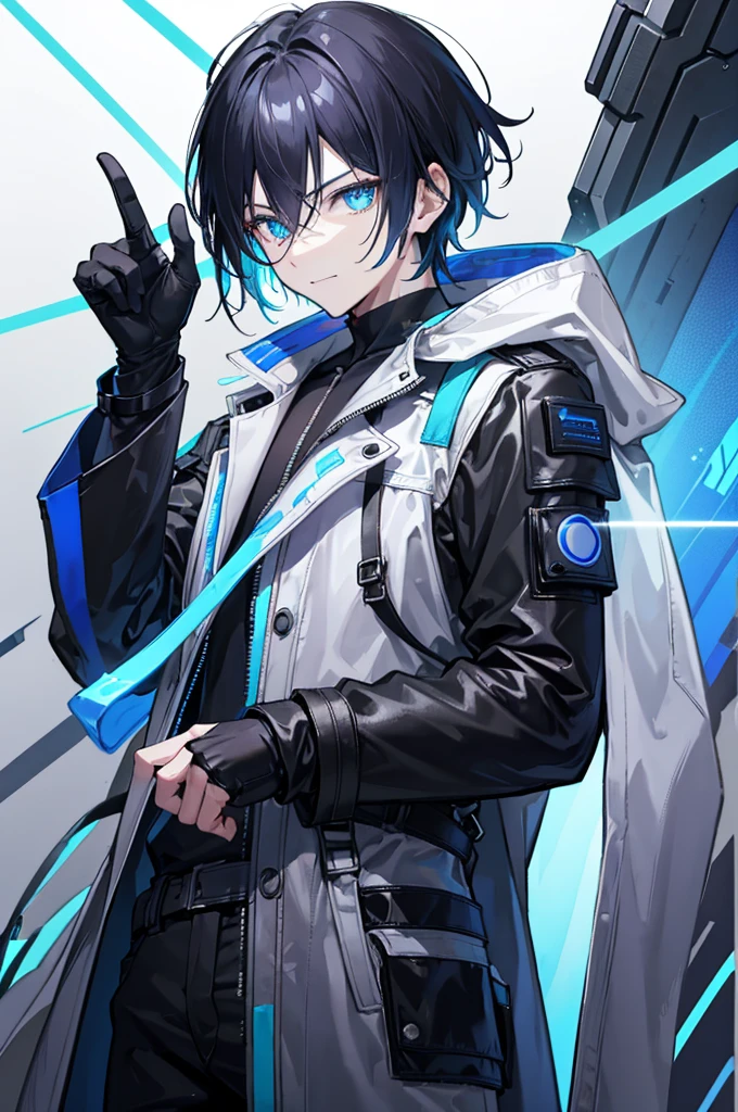 초상화, Face_through_torso, A well-designed male protagonist character with black hair, styled neatly to emphasize his handsome features. His eyes are a striking blue, and his expression carries a subtle, confident smile. He is dressed in a black T-shirt underneath a white trench coat, which is inspired by a cyberpunk aesthetic. The trench coat features blue neon lines running along certain parts of the design, adding a futuristic touch. His left hand is casually placed in the trench coat pocket,((white trench coat))