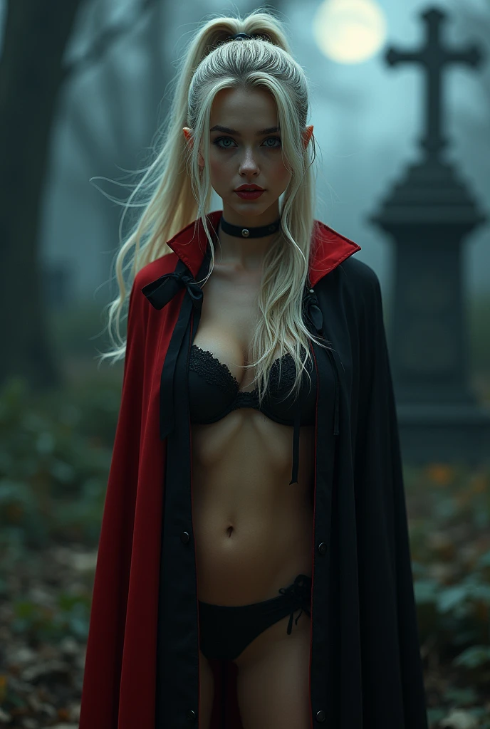 (RAW photo, best quality, masterpiece, ultra-detailed, high res), (realistic),(extremely
delicate and beautiful:1), mesmerizing vampire woman with long blonde hair in high
ponytail detailed features, smiling seductively , showing vampire fangs , wearing floor
length black and red lined satin cape tied at the neck with ribbon ties , lingerie , standing
in a moonlight graveyard , imaginative, highly detailed, extremely high-resolution details,
photographic, realism pushed to extreme, fine texture, 8k, ultra-detailed, high quality, high
contrast, full body shot