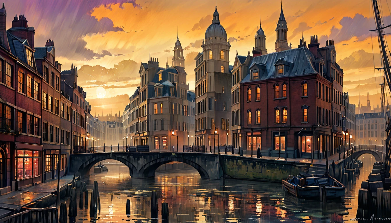 Painting of a city canal at dusk, Rob McNaughton, Autumn sunset, Landscape painting, sunset, Background artwork, Rich, picturesque colors, At dusk in autumn, Beautiful Oil Painting Mat, Beautiful Art UHD 4K, Great art, inspired by Esao Andrews, Inspired by John Atkinson Grimshaw, Amber glow, Detailed painting 4k