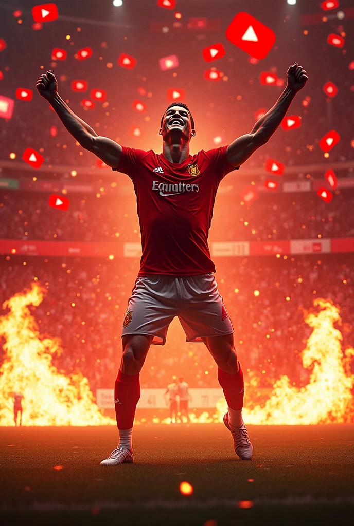 Cristiano Ronaldo celebrating a goal with excitement, dynamic pose, surrounded by YouTube logos and flames, high-energy and vibrant.