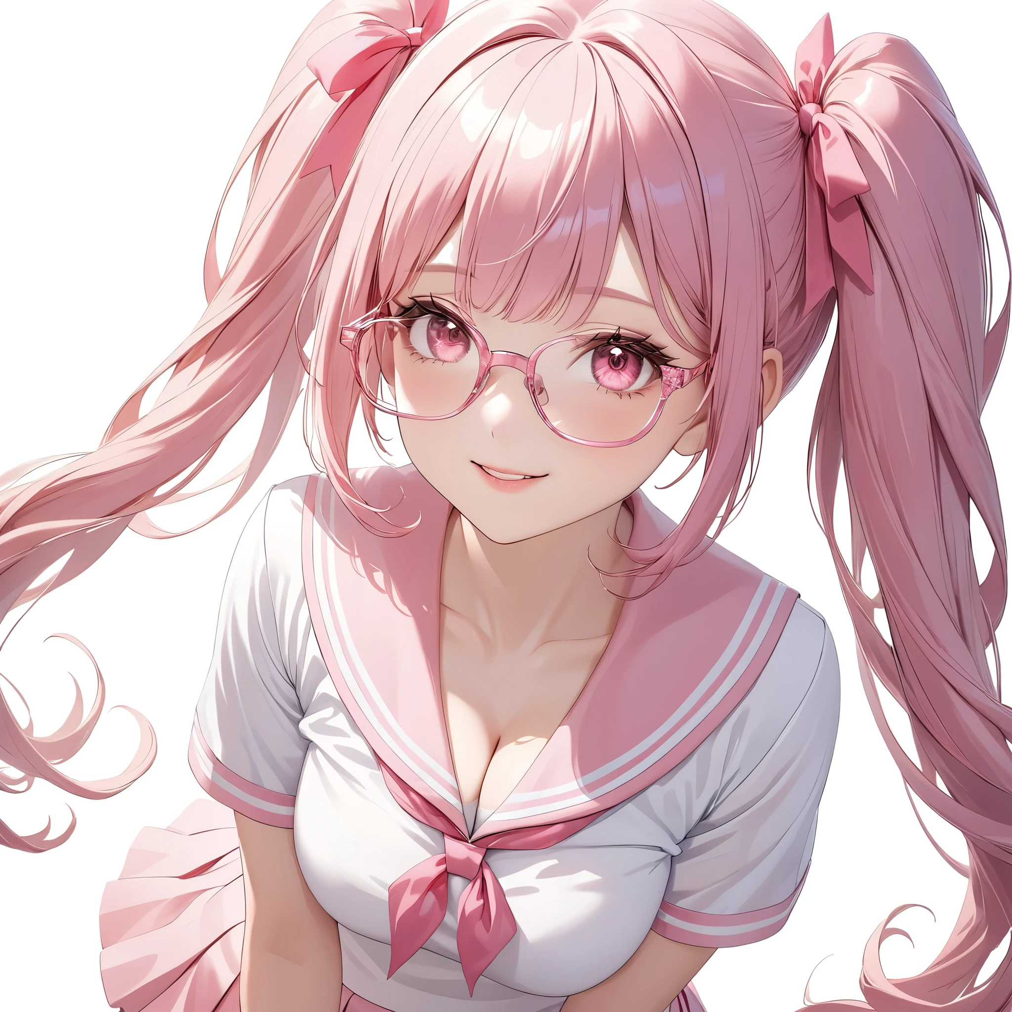 (8K, masutepiece, Best Quality, Official art, Breathtaking beauty and aesthetics, highly beautiful lighting, highly beautiful detailed), (1 Girl, Solo), (sixteen years old), (beautiful detailed face), (shiny white skin), (Beautiful big bust, cleavage, thighs, navel focus:1.3), (beautiful detailed pink twin tails hair, Bangs:1.3), (beautiful detailed drooping pink eyes:1.5), (pink glasses:1.3), (high school uniform:1.3), (patsel pink sailor collar, white short sleeves short length outing shirt, pastel pink pleated skirt, patsel pink ribbon:1.3), (happy smile:1.2), (Attractive, sensational, look at the camera, cute pose, lying, lie on her back, from above:1.3), (simple white plain background:1.5),