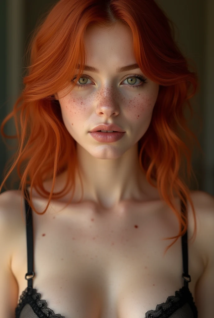 Mjwr pretty little nose, pretty face with freckles… redhead, pale skin, freckles on the breasts, with sexy mesh lingerie