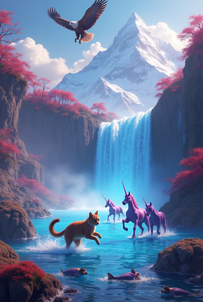 Cat running after mouse and eagle on mount Everest and unicorns swiming in neon water with lions of fish body on light neon water fall