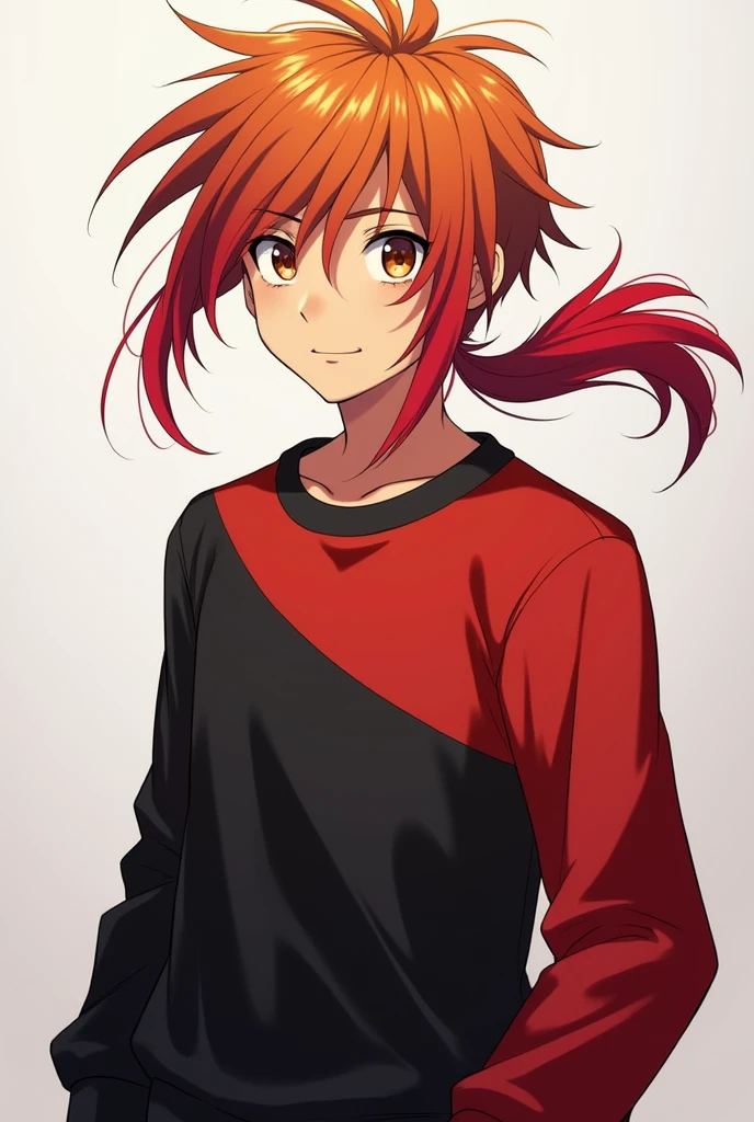 1 male boy wearing half black half red sweatshirt, Brown eyes and long orange-brown hair with red streaks tied in a low ponytail, somewhat disheveled, and a robust body