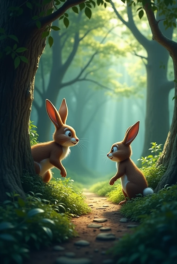 Benny the rabbit and Bruno the badger walked deep into the forest without thinking about what would happen there..
As they walked Bruno stepped forward to play a joke on his friend., He hid behind a big tree and scared him