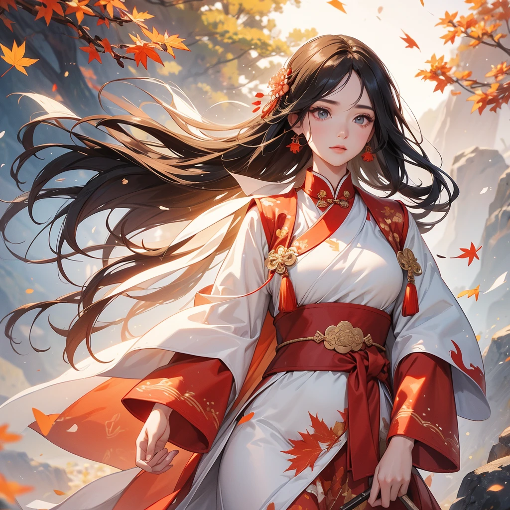 A beautiful female general holding a big spear in white ancient Chinese general costume, walking In the middle of a spring mountain ,the backdrop is a mountain that turns red in spring, and maple leaves fall from the trees. The sun shines and the sun rises, close up.