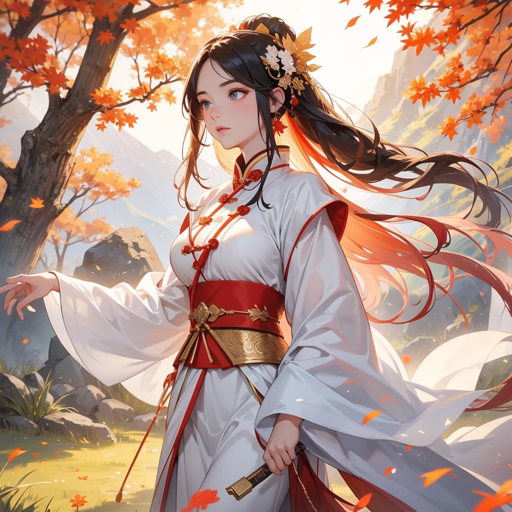 A beautiful female general holding a big spear in white ancient Chinese general costume, walking In the middle of a spring mountain ,the backdrop is a mountain that turns red in spring, and maple leaves fall from the trees. The sun shines and the sun rises, close up.