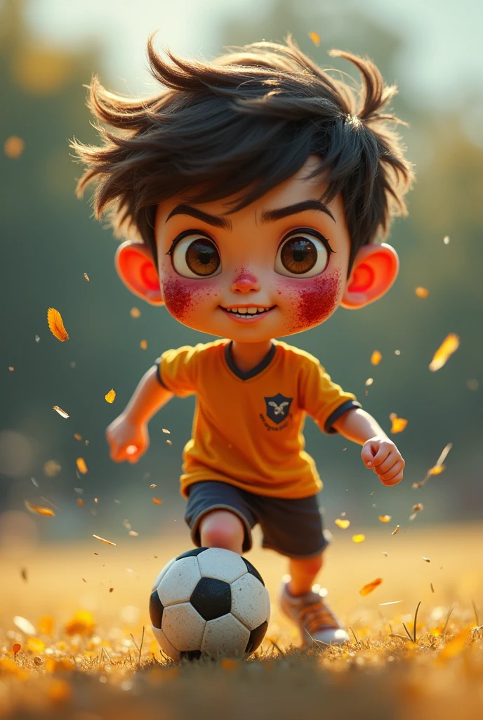 Give a picture of a young child with a soccer ball at his foot 
