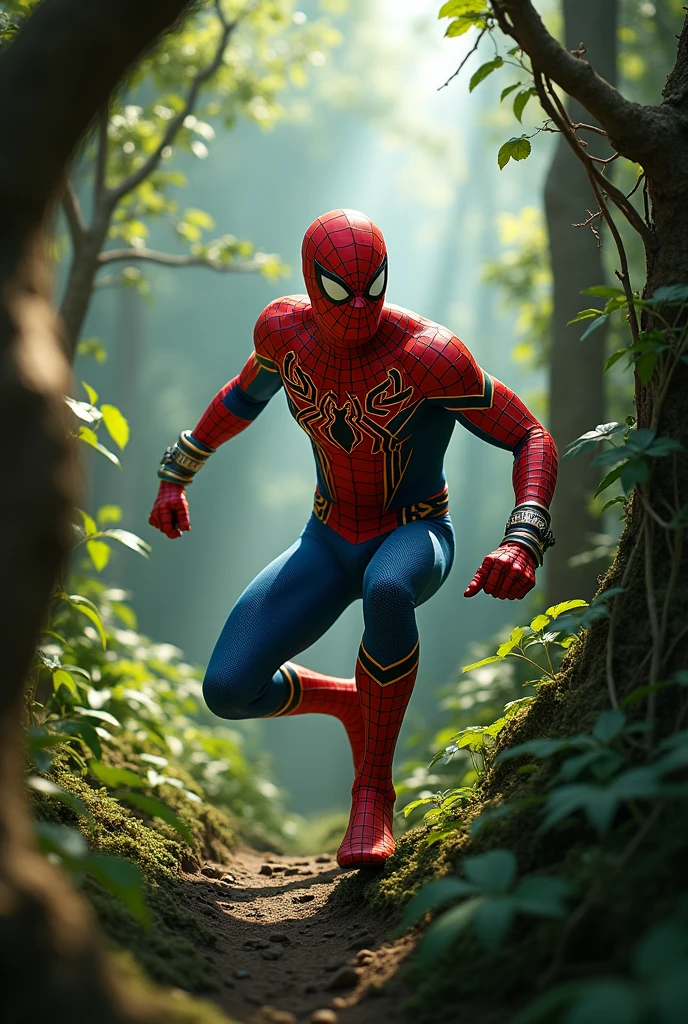 Indian spider man is walking down the Forest