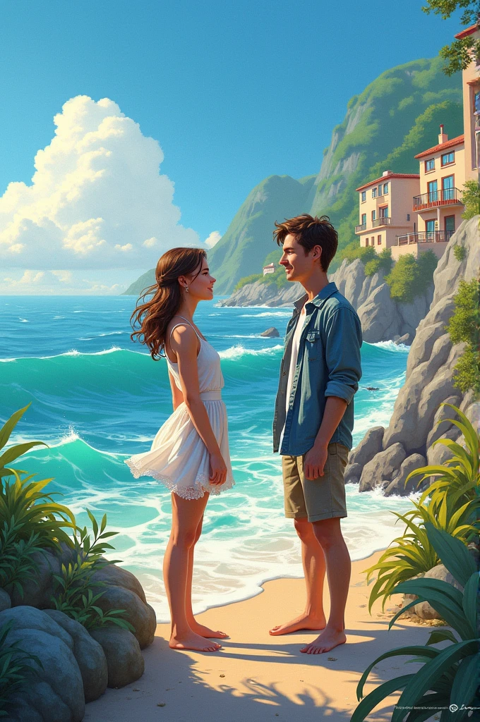 In a picturesque coastal town where the sea met the sky, lived Isabella and Aiden. Isabella, with her radiant smile and eyes reflecting the deep blue of the ocean, worked as a local artist. Aiden, a marine biologist with an adventurous spirit and sun-kissed skin, was drawn to the mysteries of the sea.