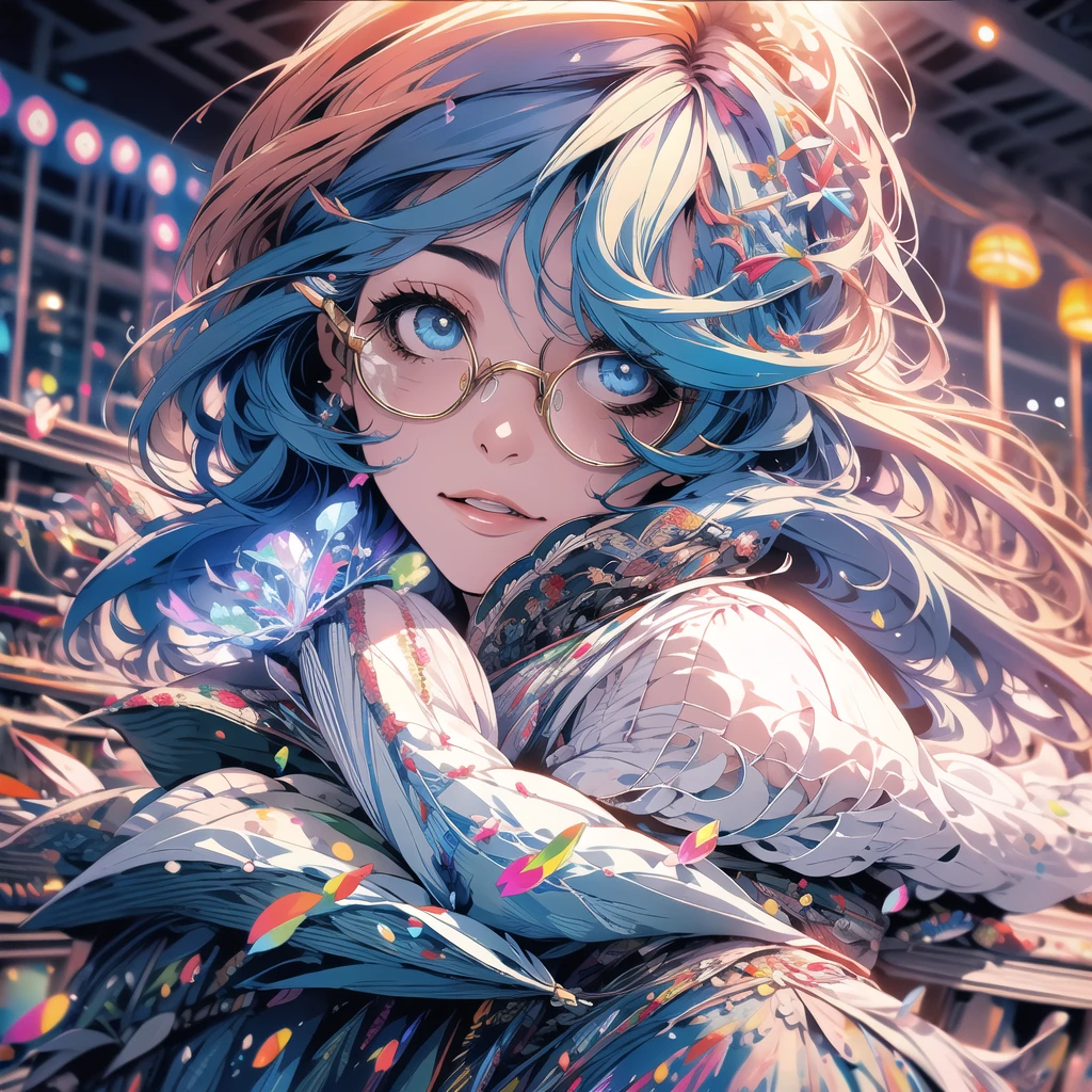 1 woman, long blue hair, glasses, surprised expression,  (flying in the wind), holding down skirt, overhead view, fountain in park, best quality, 4k, 8k, highres, masterpiece:1.2, ultra-detailed, realistic, photorealistic, photo-realistic:1.37, HDR, UHD, studio lighting, ultra-fine painting, sharp focus, physically-based rendering, extreme detail description, professional, vivid colors, bokeh, portrait, strong wind