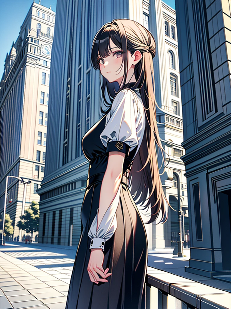 Masterpiece、High resolution、Detailed expression、Huge beauty、18 meters tall、In a city building、Low - Angle