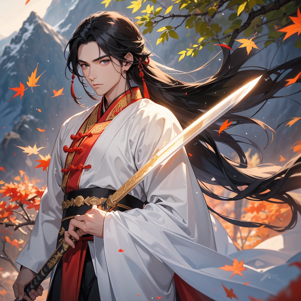 Handsome black-haired male general holding a large sword in white ancient Chinese general costume, walking In the middle of a spring mountain ,the backdrop is a mountain that turns red in spring, and maple leaves fall from the trees. The sun shines and the sun rises, close up.