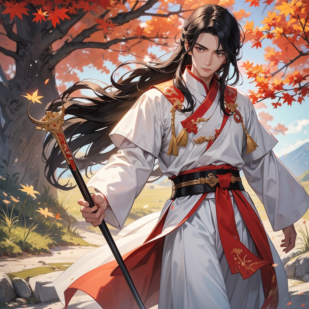 Handsome black-haired male general holding a large sword in white ancient Chinese general costume, walking In the middle of a spring mountain ,the backdrop is a mountain that turns red in spring, and maple leaves fall from the trees. The sun shines and the sun rises, close up.