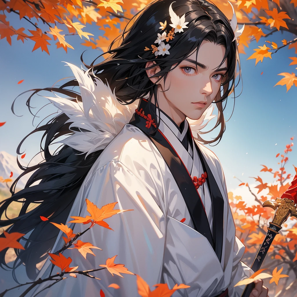 Handsome black-haired male general holding a large sword in white ancient Chinese general costume, walking In the middle of a spring mountain ,the backdrop is a mountain that turns red in spring, and maple leaves fall from the trees. The sun shines and the sun rises, close up.