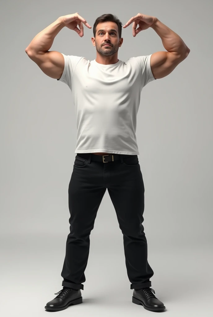 (photorealism:1.2), male adult, full body, black pants, white t shirt, triangle two hand