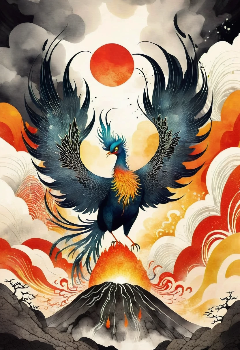 Chinese ink painting、A design of a phoenix emerging from a volcanic crater, Pop Surrealism, Children's Illustration Style