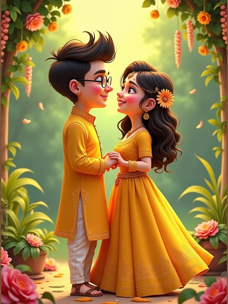I want a pixar style image of a couple. The groom is wearing a yellow kurta and the bride is wearing a yellow lehenga with open hair and flowers on the hair. They are applying turmeric to each other. They are in love. The bride is chubby and fair and has a dimple. The groom is slightly wheatish in complexion and has frameless spectacles. They are in Love and very happy.