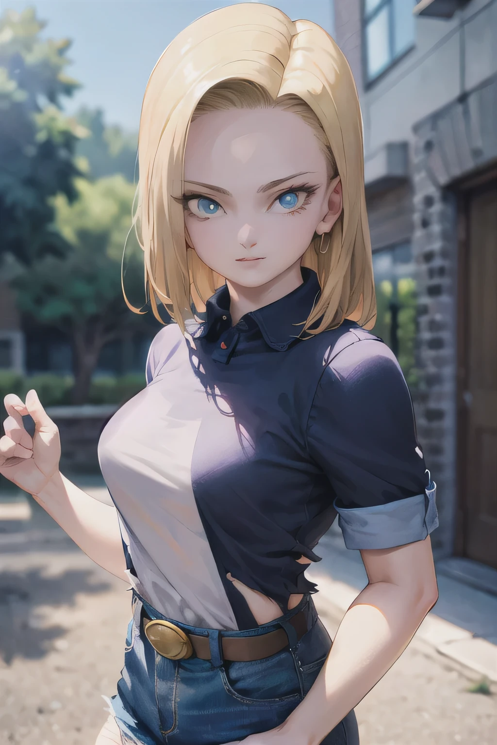 masterpiece, best quality, ultra-detailed, absurdres, Potrait of beautiful Android18DB, solo, denim, breasts, belt, medium_breasts, outdoors, torn_clothes, volumetric lighting, best quality, masterpiece, intricate details, tonemapping, sharp focus, hyper detailed, trending on Artstation,
