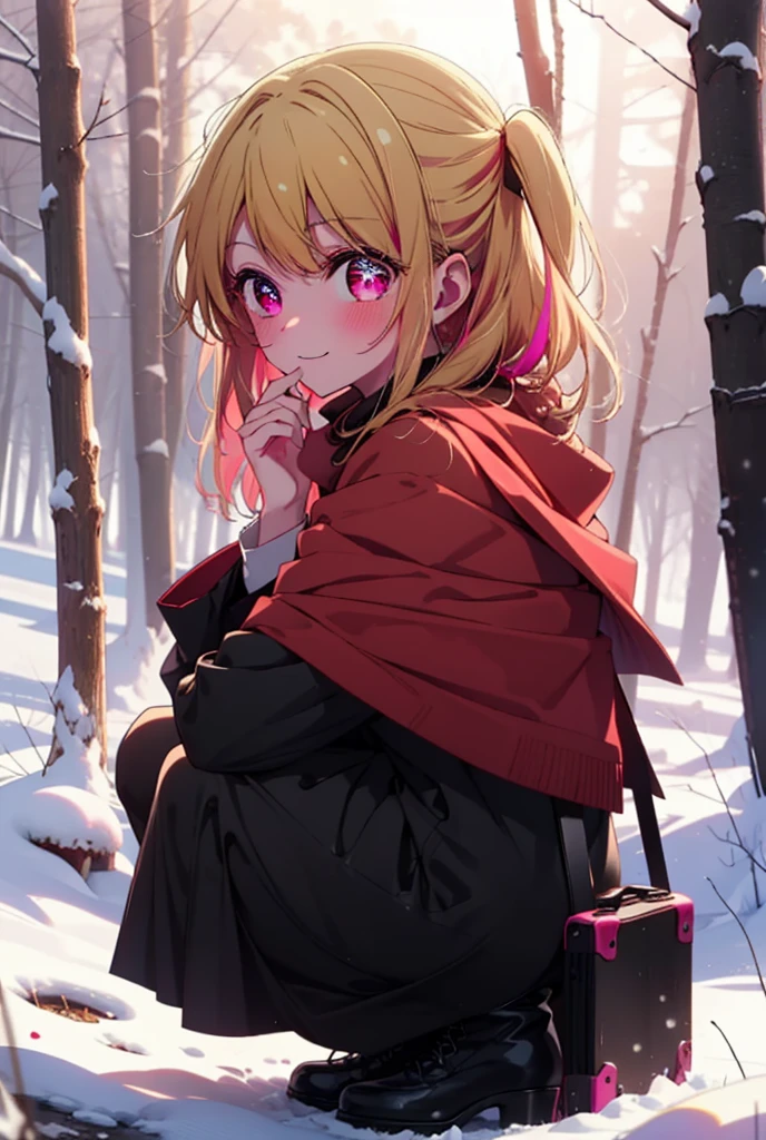 rubyhoshino, Hoshino Ruby, Long Hair, bangs, blonde, (Pink Eyes:1.3), Side Lock, (Symbol-shaped pupil:1.5), Multicolored Hair, Two-tone hair, smile,,smile,blush,white breath,
Open your mouth,snow,Ground bonfire, Outdoor, boots, snowing, From the side, wood, suitcase, Cape, Blurred, , forest, White handbag, nature, Squat, Mouth closed, Cape, winter, Written boundary depth, Black shoes, red Cape break looking at viewer, Upper Body, whole body, break Outdoor, forest, nature, break (masterpiece:1.2), Highest quality, High resolution, unity 8k wallpaper, (shape:0.8), (Beautiful and beautiful eyes:1.6), Highly detailed face, Perfect lighting, Extremely detailed CG, (Perfect hands, Perfect Anatomy),