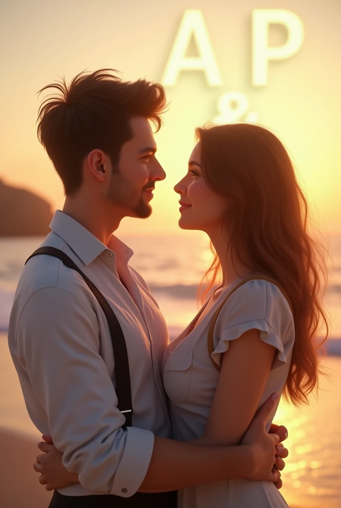 Create 3D realistic photo of a 20 year old couple, holding each other in romantic style, in background words "A & P" is written in big glowing letters, In background there is beautiful beach. hyper realistic photo, romantic lovely photo
