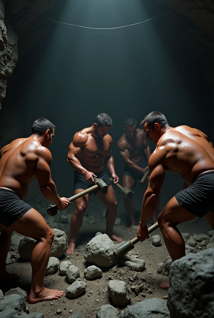 Three strong mixed race men and two strong black men, wearing short shorts breaking rocks with tools and sweating a lot inside a dark mine.