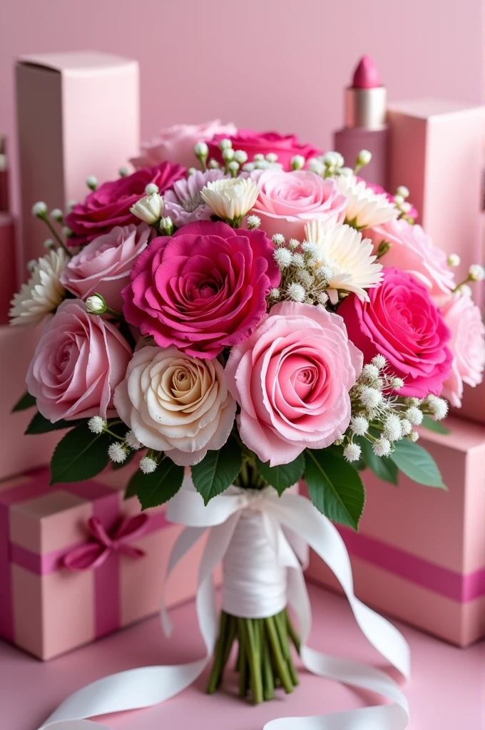 pink and white bouquet with the following:
3 PINK ROSES
4 light pink and fuschia carnation
White statis (fillers)
White aster (fillers)
Pink trigo (fillers)
White ribbon on bottom of bouquet
2 boxes of lipsticks
1 box of lipgloss
1 box of blush
1 box of face powder
Pink ribbons on each box of makeup
