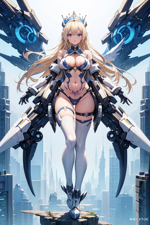 1 girl, white mechanical arms, white mechanical legs, bare torso, big tits+++, cleavage+++, tattoo on abdomen, mechanical wings with 2 engines, head with mechanical crown, blue eyes, long blonde hair. character flying in a futuristic city. Full body in the image