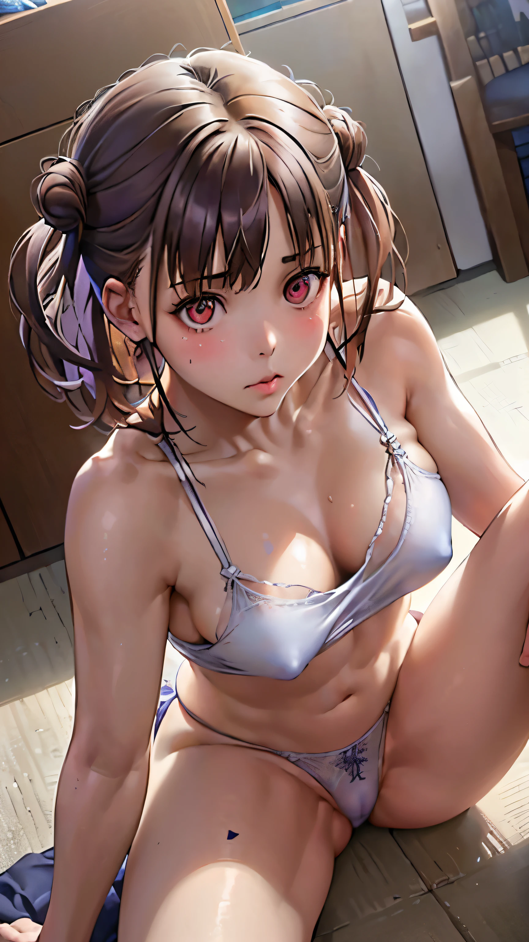 One girl, alone, colorful, Realistic Skin, Attractive eyes, (1:1.2), student, beautiful, cute, (Perfect body:1.2), (Realistic anatomy:1.2), Japanese Idols, (K-Pop Idols:1.2), Realistic photos, RAW Photos, 4K, Fujiflim, Film Grain, (Cinema Lighting:1.4), Ray Tracing, (perfect Pause:1.2), Hyper Detail, In detail, Intricate details, Dolby Vision, Pause,(((Very white skin、It has a white-like transparency、Wearing a small tank top、biologically correct Pause、Casual Pause that reveals panties、Place your hands on the floor behind your back、Wear plain white cotton side-string thongs with no embellishments,Focused gaze、areola is a beautiful pink color、nipples are very small、Sitting cross-legged、Medium chest、))),High leg panties,pubic hair,Put your panties aside,(((Detailed depiction of the thin material of the underwear、Detailed depiction of wrinkles in underwear、Detailed depiction of the pubic bulge、Detailed beautiful eye description)))、