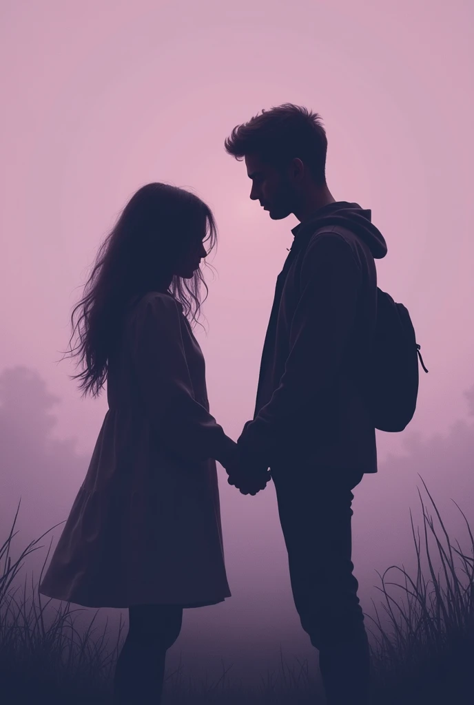 Create the cover of a book where a young couple ends their relationship, a silhouette of a woman and a man, the two young people are sad, the cover is lilac,The book talks about a letter that the girl writes every day while waiting for her boyfriend to return. No letters on the cover. Representing a love breakup. They can't be together
