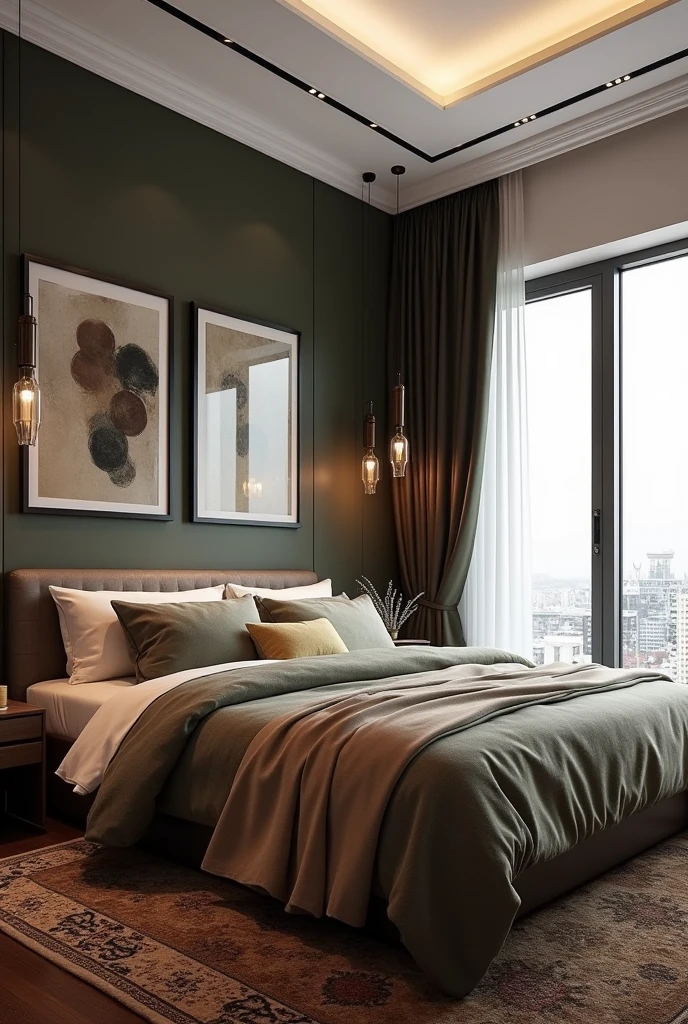 Professional 3d architecture rendering design of modern and   Dark moss and   Dark Thunder and  darkcream and  dark gold and dark wooden  French design for bedroom  and   Brown Persian  silk carpet and white painting wall and modern ceiling lighting and modern windows and elegant curtains and white wall painting 
