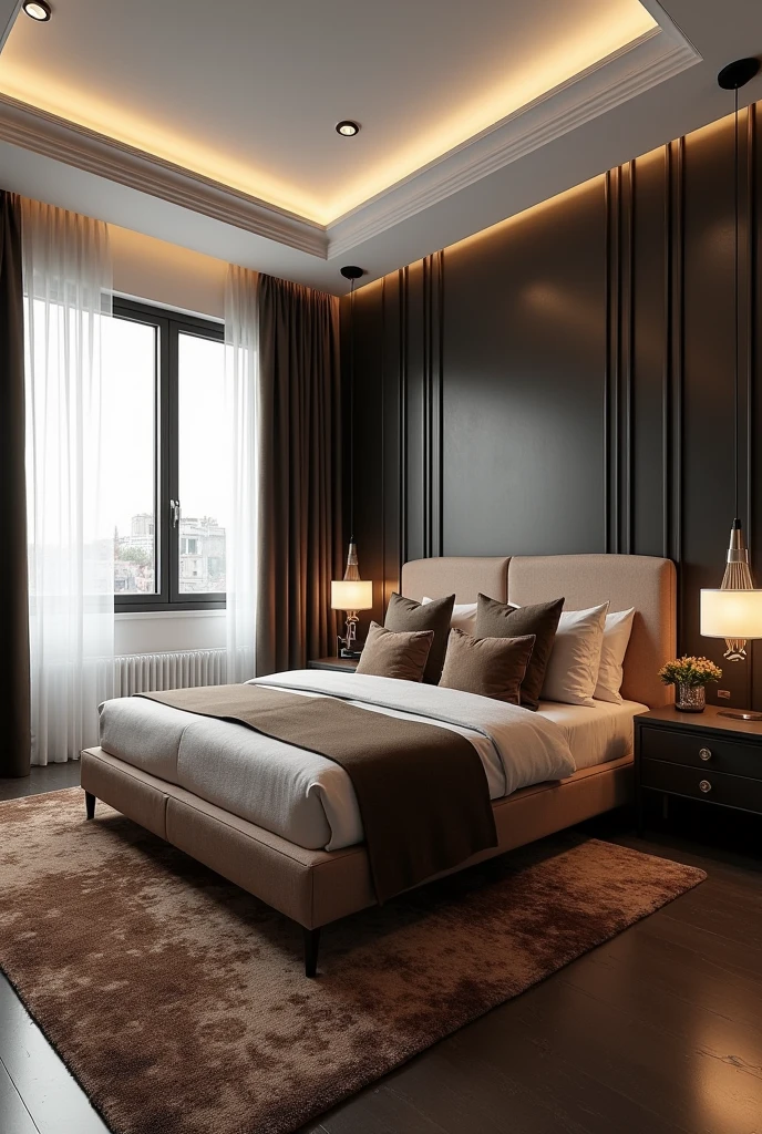 Professional 3d architecture rendering design of modern and Dark moss and Dark Thunder and darkcream and dark gold and dark wooden French design for bedroom and Brown Persian silk carpet and white painting wall and modern ceiling lighting and modern windows and elegant curtains and white wall painting