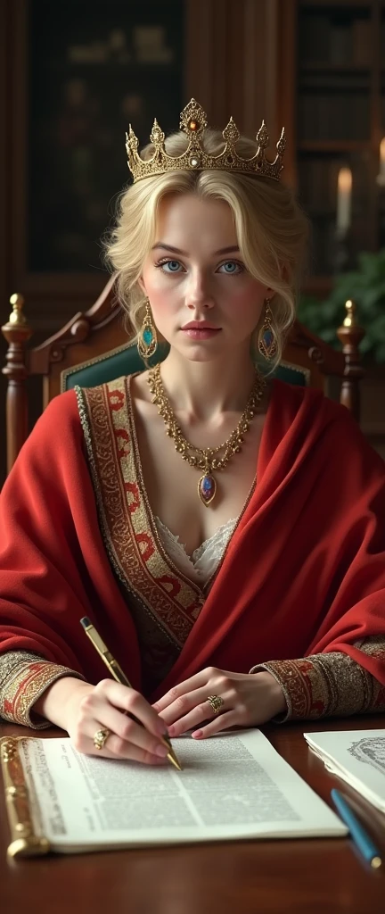(Masterpiece: 1.2, Best Quality), Realistic, (Realistic Picture, Complex Details, Depth of Field), Best Quality, Masterpiece, Highly Detailed, Semi Realistic, 1 Girl, Mature Female, 2, Blond Short Hair, ft Eye Covered with Hair, Blue Eyes, King's Clothes, Red Cloak, Slim Figure, Crown Made of Precious Gold, Reading and Marking Documents, Goose Hair Pen, Office Table, Soft Bench