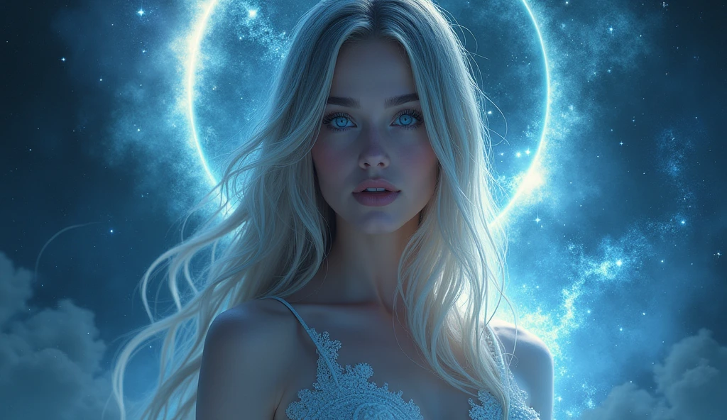 A powerful and captivating image representing astrological themes with a mystical atmosphere. The image features a prominent depiction of Jupiter, glowing brightly against a cosmic background of light blue, white, and black, filled with stars and swirling nebulas. In the foreground, a woman with long flowing hair is shown from the waist up, facing directly forward with a soft, inviting expression. Her striking light blue eyes gaze straight ahead, creating a direct connection with the viewer. She is partially illuminated by cosmic light, blending with the energy of the scene. The Gemini zodiac symbol is subtly intertwined with rays of light or energy around her. The overall composition evokes a sense of wonder, aligning with the theme of a significant astrological event.