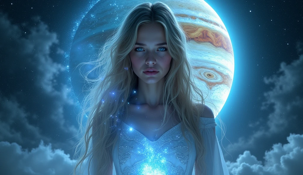 A powerful and captivating image representing astrological themes with a mystical atmosphere. The image features a prominent depiction of Jupiter, glowing brightly against a cosmic background of light blue, white, and black, filled with stars and swirling nebulas. In the foreground, a woman with long flowing hair is shown from the waist up, facing directly forward with a soft, inviting expression. Her striking light blue eyes gaze straight ahead, creating a direct connection with the viewer. She is partially illuminated by cosmic light, blending with the energy of the scene. The Gemini zodiac symbol is subtly intertwined with rays of light or energy around her. The overall composition evokes a sense of wonder, aligning with the theme of a significant astrological event.