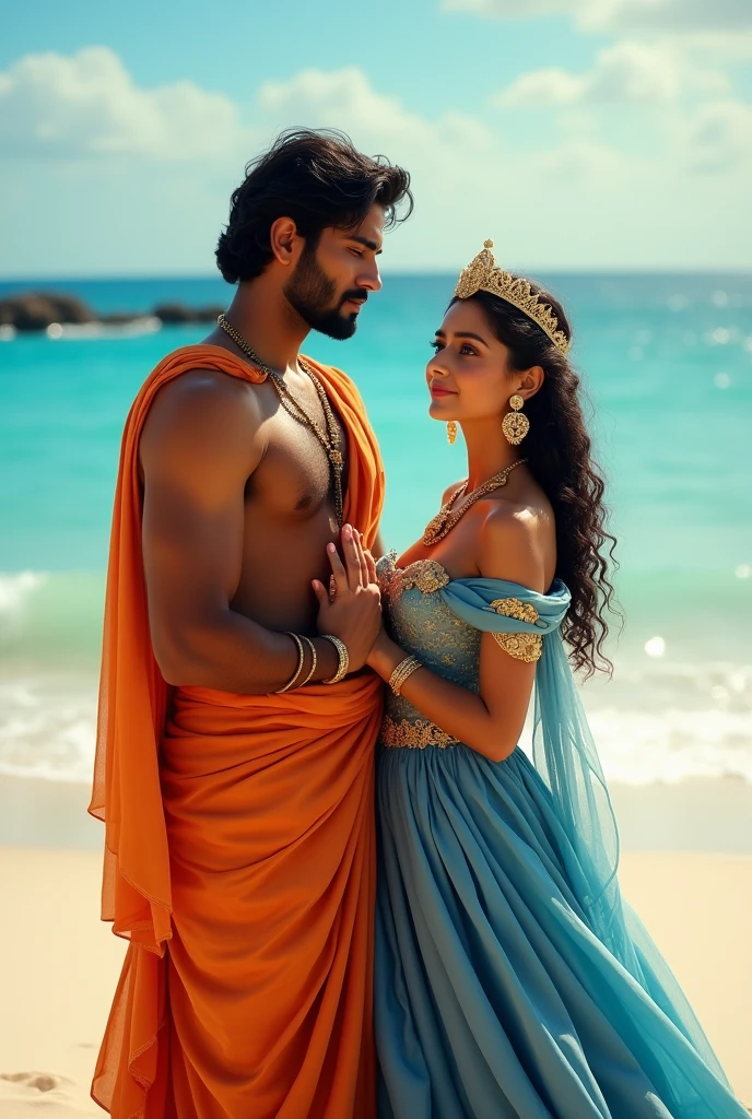 An Indian man wearing an orange dhoti dress and a Portuguese princess girl wearing a blue and gold dress with a gold crown. The Indian man is holding the Portuguese princess' hand as they both look at the camera. The background is a beach with white sand and blue water. The image is in a romantic style, with soft lighting and a dreamy atmosphere