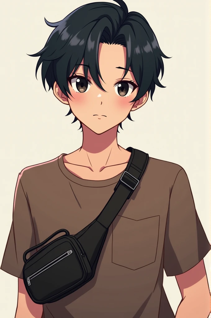 male, black hair, two block hairstyle, black eyes, brown shirt, crossbody bag, idol, アニメ, 2d