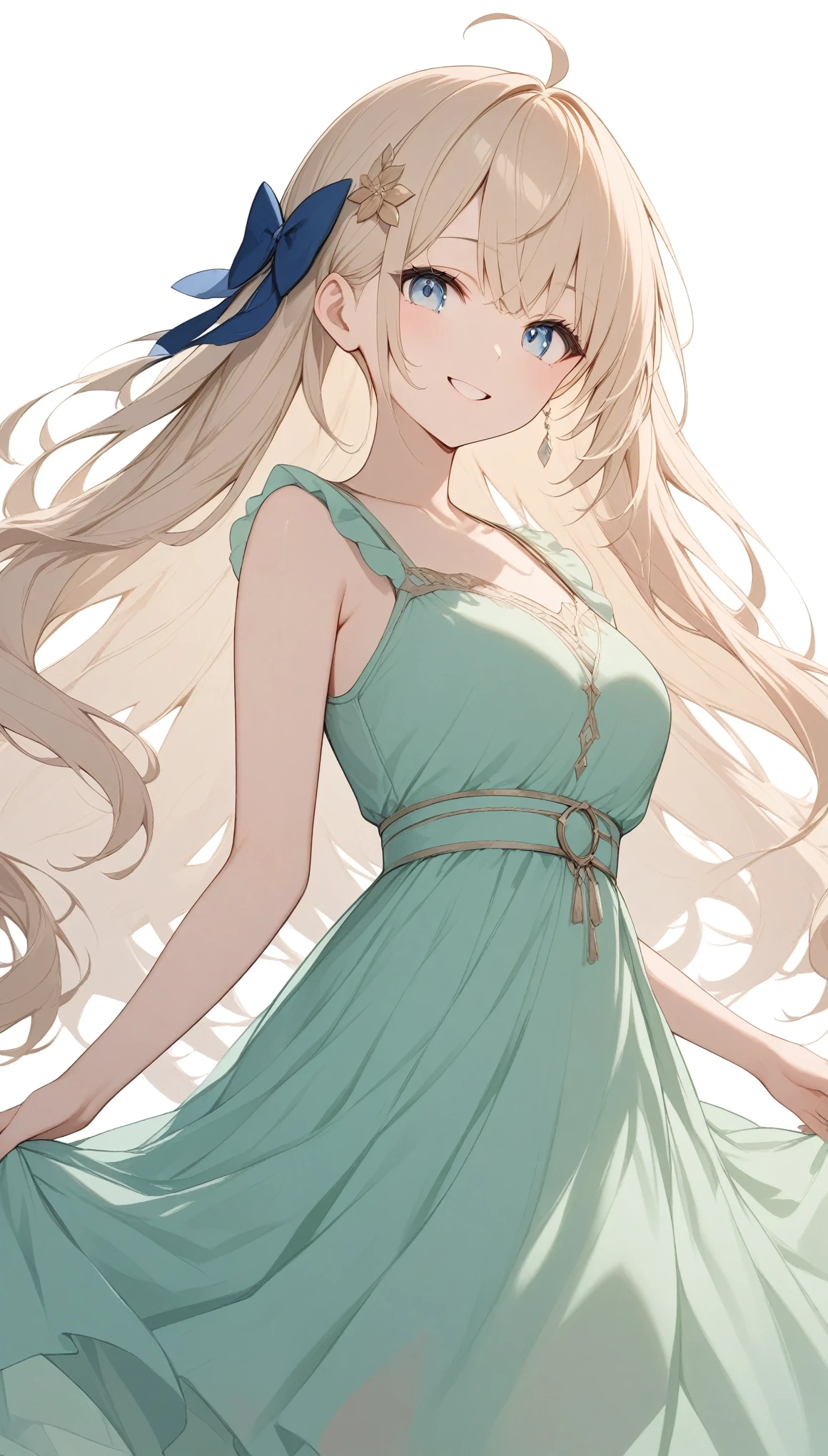 {{masterpiece}}, The best quality of life, 超High resolution, Attention to detail, high quality, High resolution, 最high quality, 4K, 8k,Attention to detail,((light peach-colored hair、Fluffy long hair、Side Tail))) 、One person, 1 female、,((Perfect light blue eyes、Exquisite makeup)) ,((White background))、(((Light green chiffon dress))、smile、Cowboy Shot