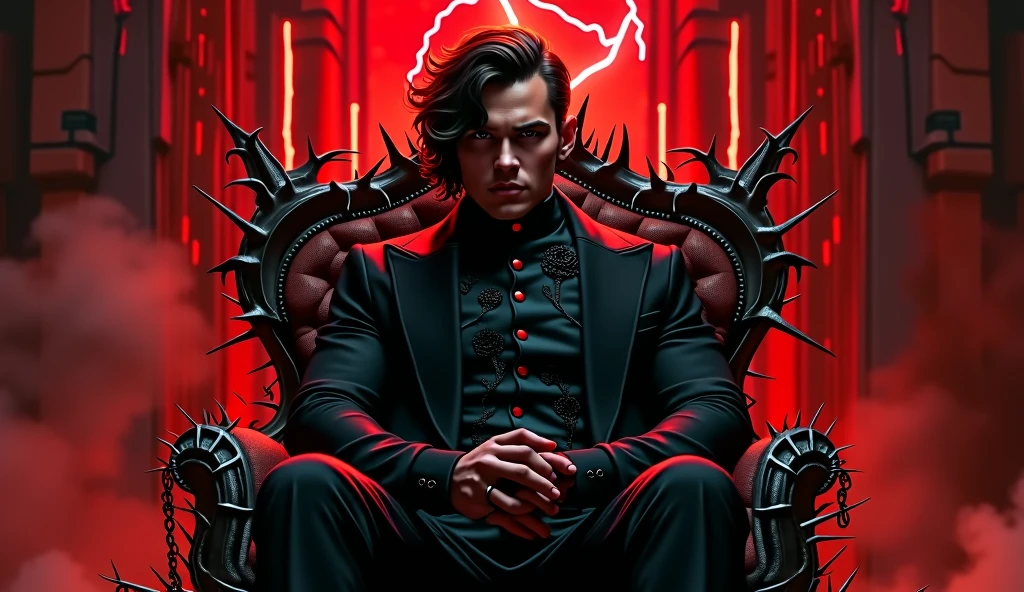 rhysand acotar, RAW Photos,black light, dark hair , rhysand, sarcastic brunette, dark surroundings, Dark masterpiece, homem fair brown-skinned, sitting in a throne, throne with thorns, black roses, man black clothes black, posing photo, black witchcraft, red geometric shiny background, full body size, Eastern fantasy theme, Eyes red, underworld, cold stare, Dark clothes, long and tight, fair brown-skinned, color classification, dark illustration, extreme quality, Radiant, extremely detaild, Face ultra detailed, ultra hd 8k, ultradigitality, mythical, black lightning, Conceital Art Portrait of Greg Rutkowski, artgerm, hyperdetailed, intricately detailed Gothic art, dark gothic fantasy style, triadic colors, Fantastic, intricate-detail, opening screen, colors complementary, fantasy concept art, 8K resolution, masterpiece of gothic deviantart, Heavy strokes, soft lighting, Surrealism