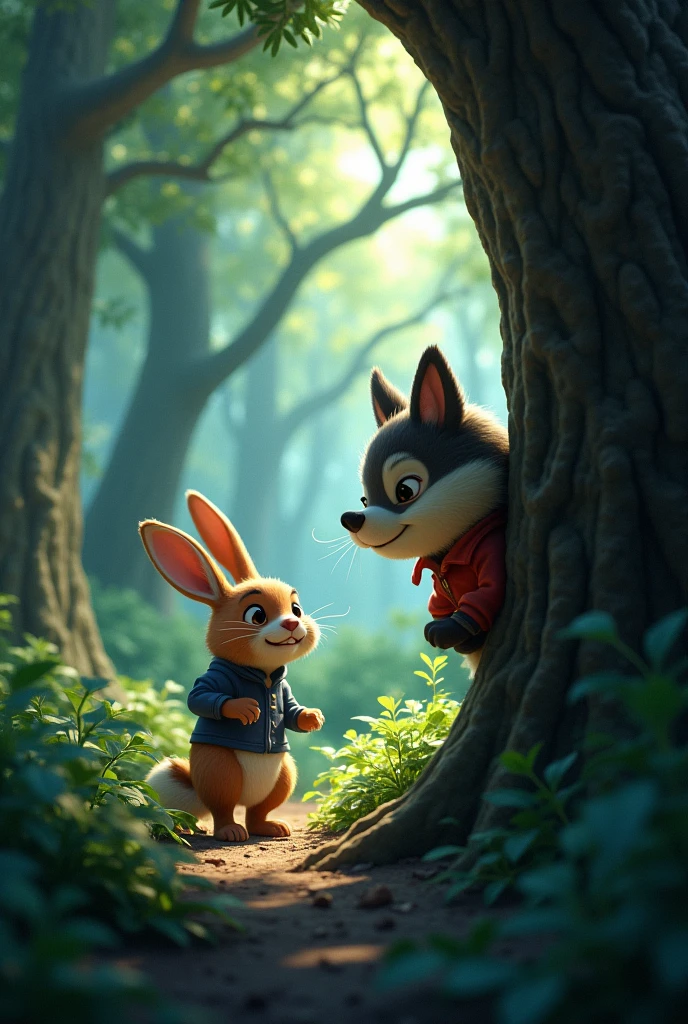 Benny the rabbit and Bruno the badger walked deep into the forest without thinking about what would happen there..
As they walked Bruno stepped forward to play a joke on his friend., He hid behind a big tree and scared him