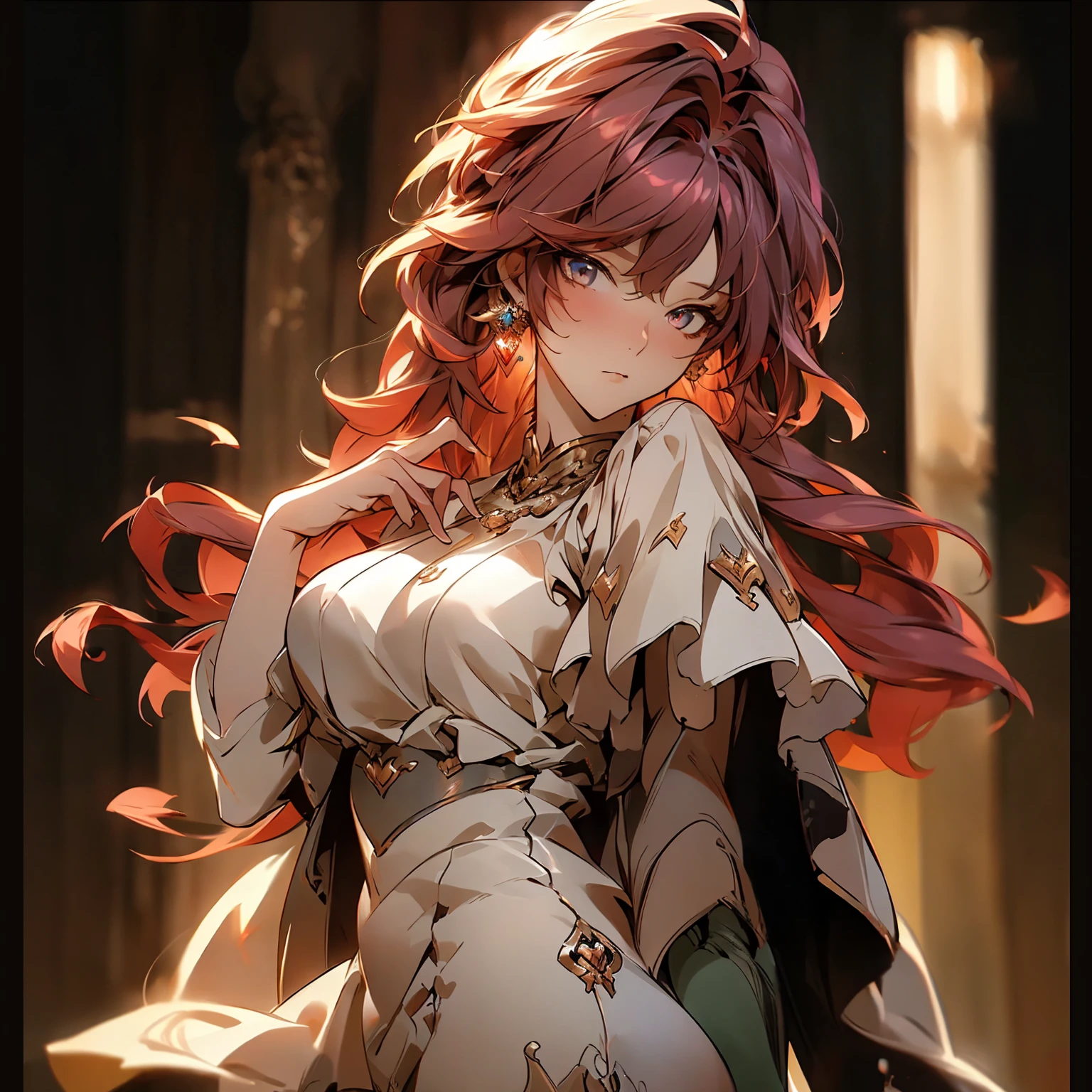 (best quality)), ((Masterpiece)), (details:1.4), 3d, HDR (high dynamic range), adult, Red hair, Golden eyes, hips up, จมูกโด่ง, ปากแดง, หน้าอกใหญ่, nvidia RTX, PBR surface, After processing, Anisotropic filtration,depth of field, Maximum clarity and clarity, multi-layered surface, Subsurface scattering, perfect proportions, 8K raw files, ultra detailed, Perfect proportions, volumetric lighting, soft lighting, Holy Paladin, Paladin Armor, glossy skin, intricate grey background, strong back lighting, jewely, ต่างหู, นิ้วมือสมบูรณ์,