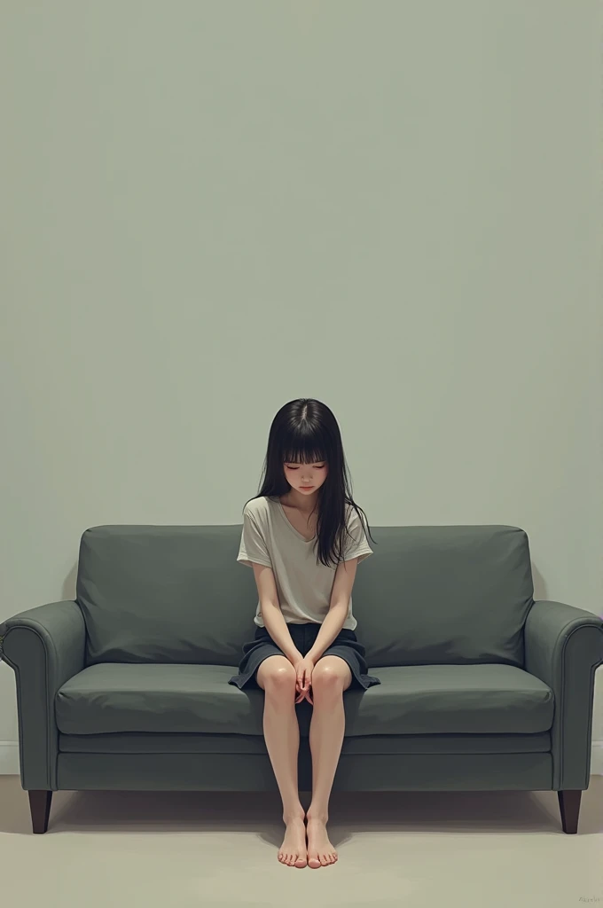 A girl sitting on a sofa with empty feelings, with your knees together but your feet apart and your arms extended on the sofa