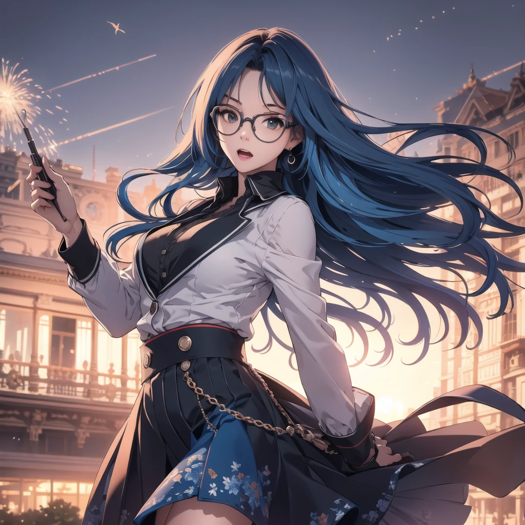 1 woman, long blue hair, glasses, surprised expression, (flying in the wind), holding down skirt, overhead view, fountain in park, best quality, 4k, 8k, highres, masterpiece:1.2, ultra-detailed, realistic, photorealistic, photo-realistic:1.37, HDR, UHD, studio lighting, ultra-fine painting, sharp focus, physically-based rendering, extreme detail description, professional, vivid colors, bokeh, portrait, strong wind