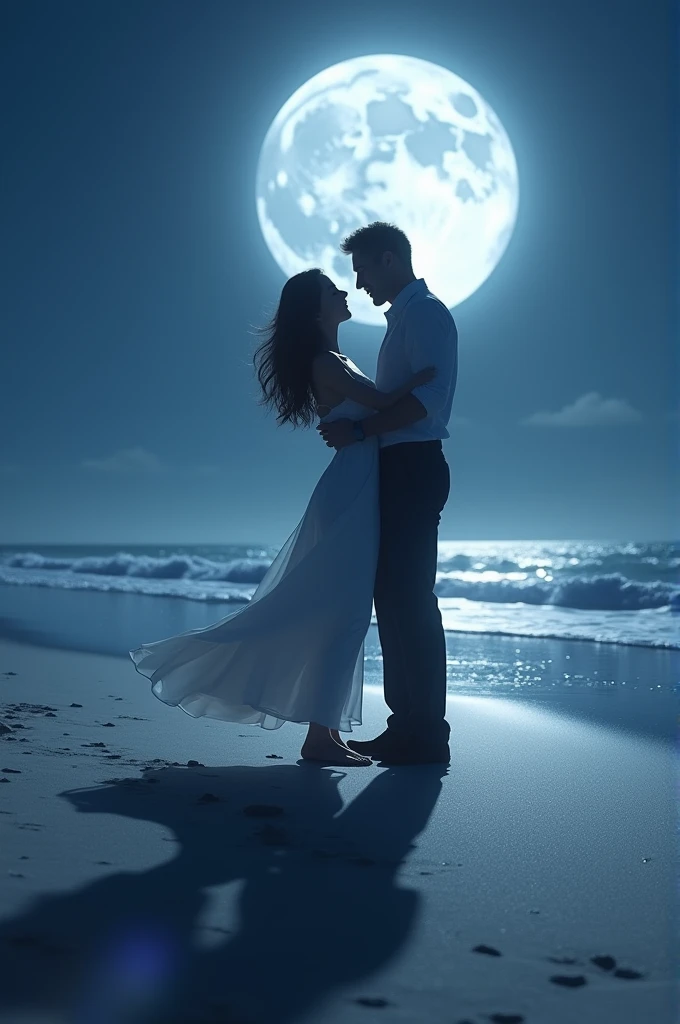 Couple dancing under a full moon on a quiet beach, with their shadows blending into one.in 16:9 size