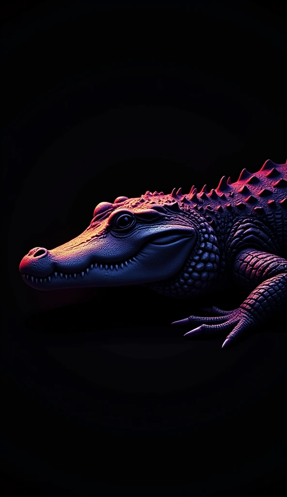 A photo-realistic, extremely detailed silhouette of a full-body crocodile with a mesmerizing gradient color line art style. The outline is formed using a blend of red, orange, yellow, green, blue, indigo, and violet hues, creating a dark fantasy ambiance. The crocodile gazes intently at the viewer with a highly detailed and accurate outline, evoking a sense of dark wildlife photography. The crocodile's silhouette fills the dark black background, with no reflections or white lines, leaving a striking and vibrant impression.