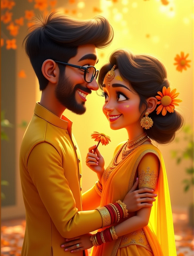 Keep the Above I want a pixar style image of a couple. The groom is wearing a yellow kurta and the bride is wearing a yellow lehenga with open hair and flowers on the hair. They are applying turmeric to each other. They are in love. The bride is chubby and fair and has a dimple. The groom is slightly wheatish in complexion and has frameless spectacles. They are in Love and very happy. Groom has stubble